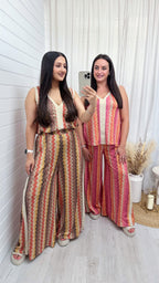 A-Line Zig Zag Vest Top and Slit Wide Leg Trousers Co-Ord - PINK/ORANGE