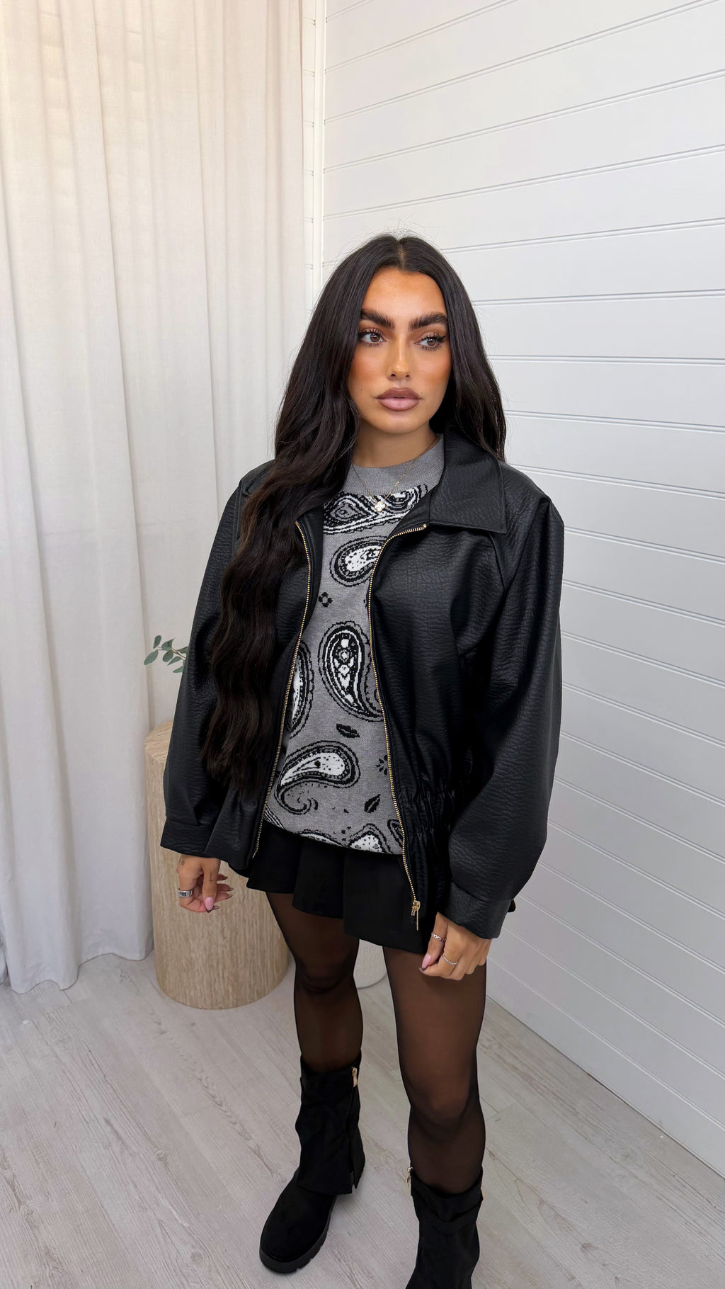 Cinch Waist Peplum Leather Jacket - BLACK