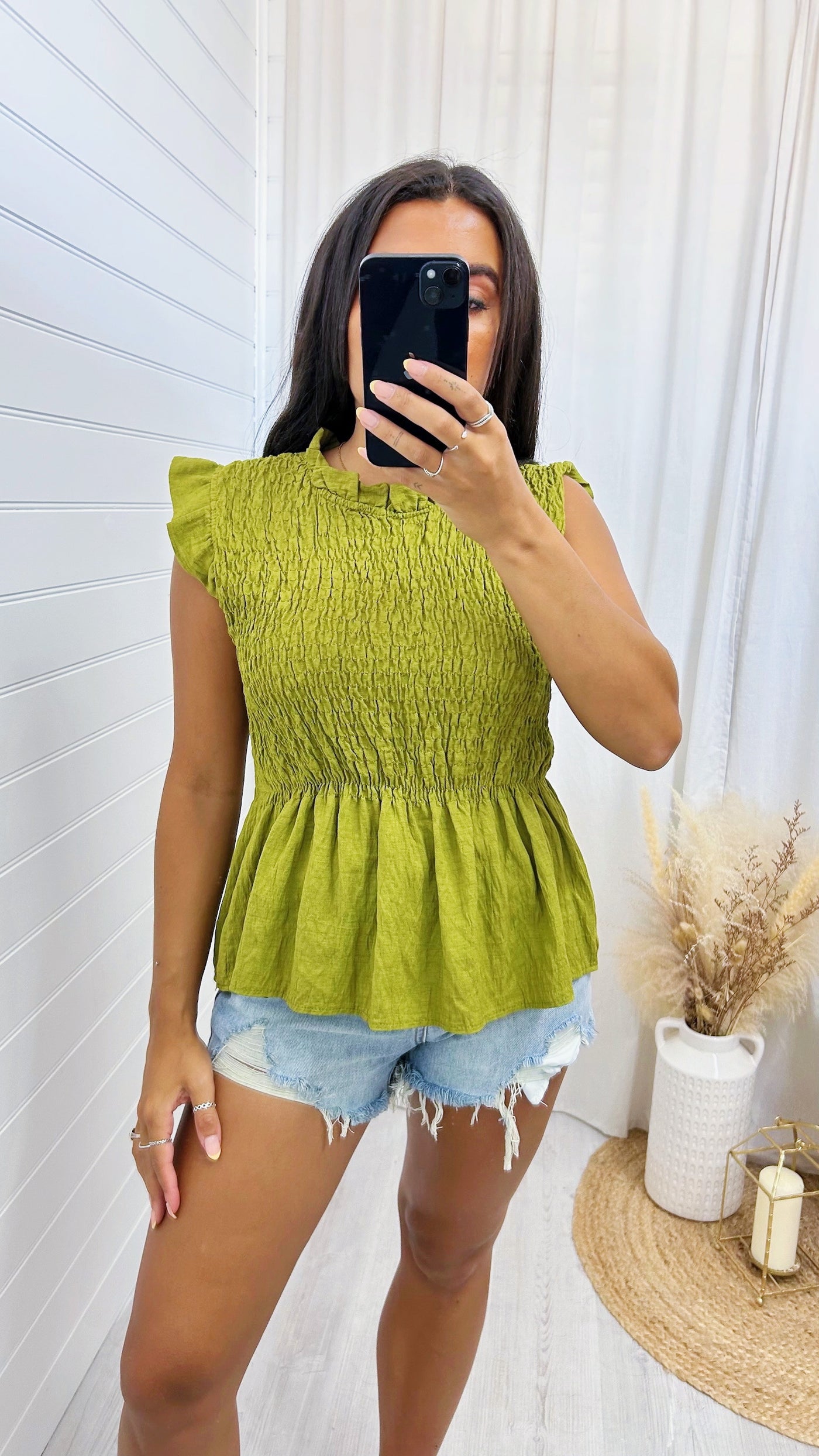 Shirred Peplum Vest Top - OLIVE