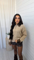 Deer Faux Fur Trim Cardigan - BEIGE