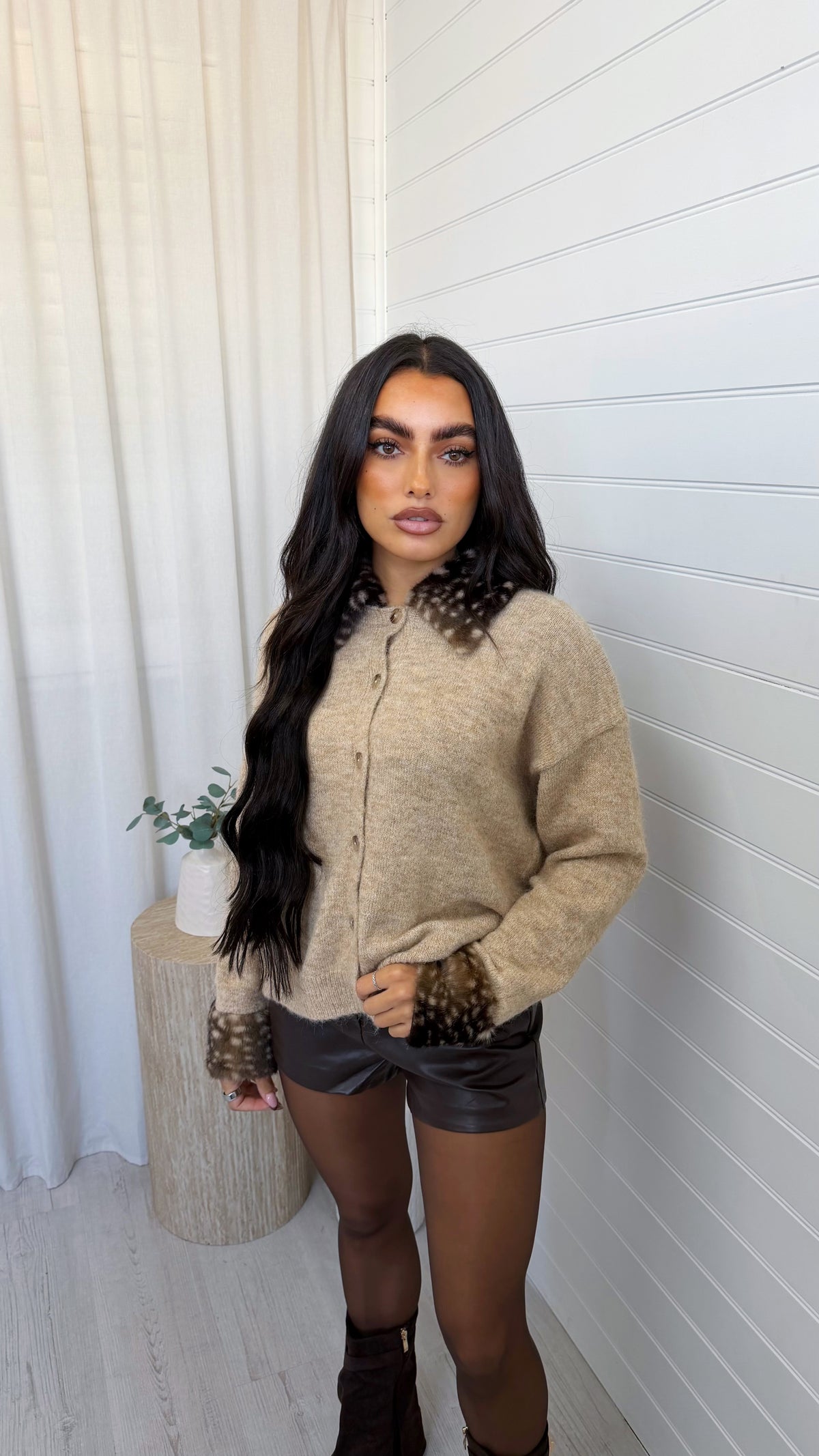Deer Faux Fur Trim Cardigan - BEIGE
