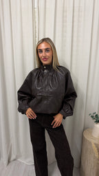 High Neck Puffed Leather Jacket - BROWN