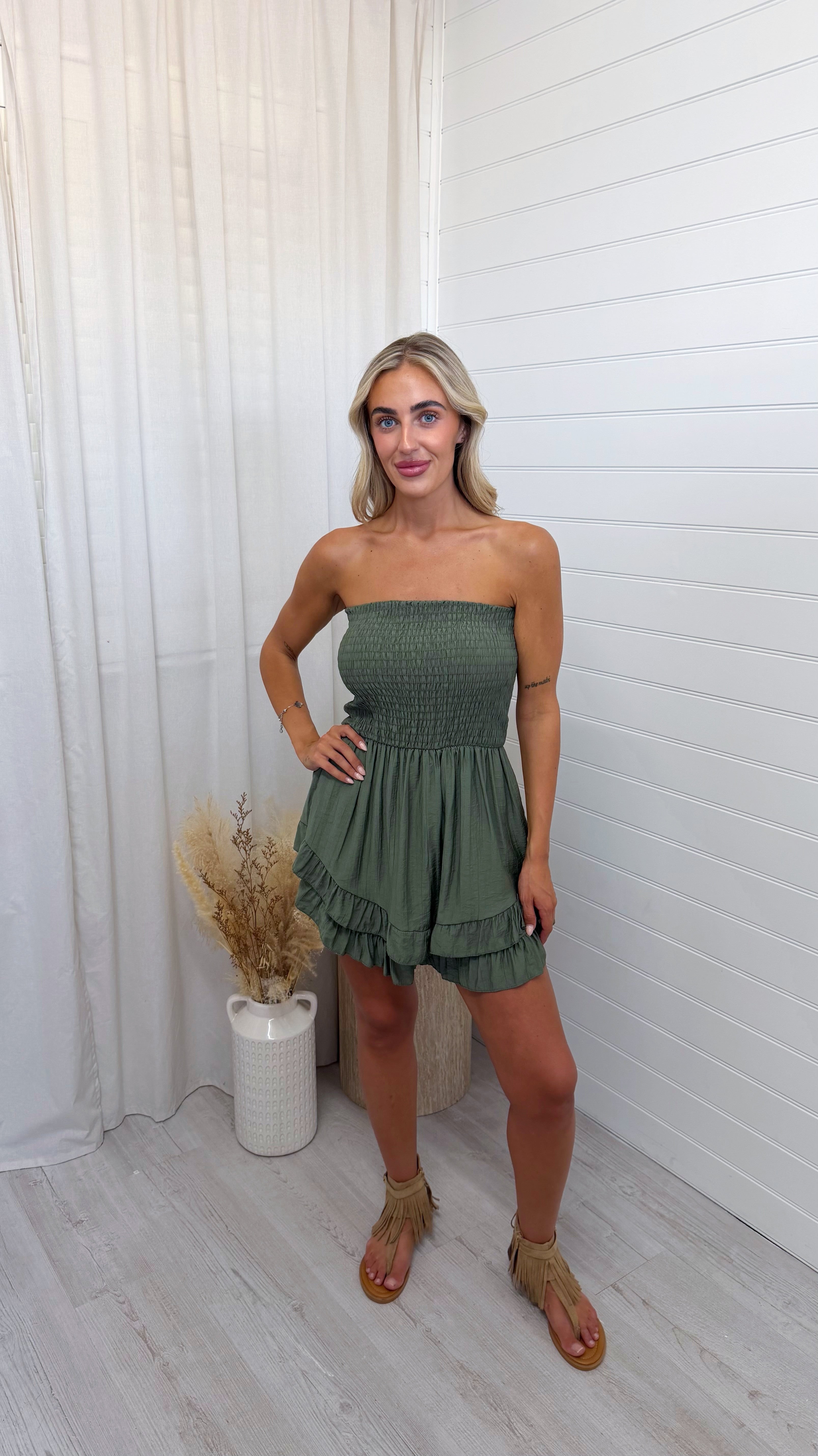 Shirred Bardot Frill Playsuit - KHAKI