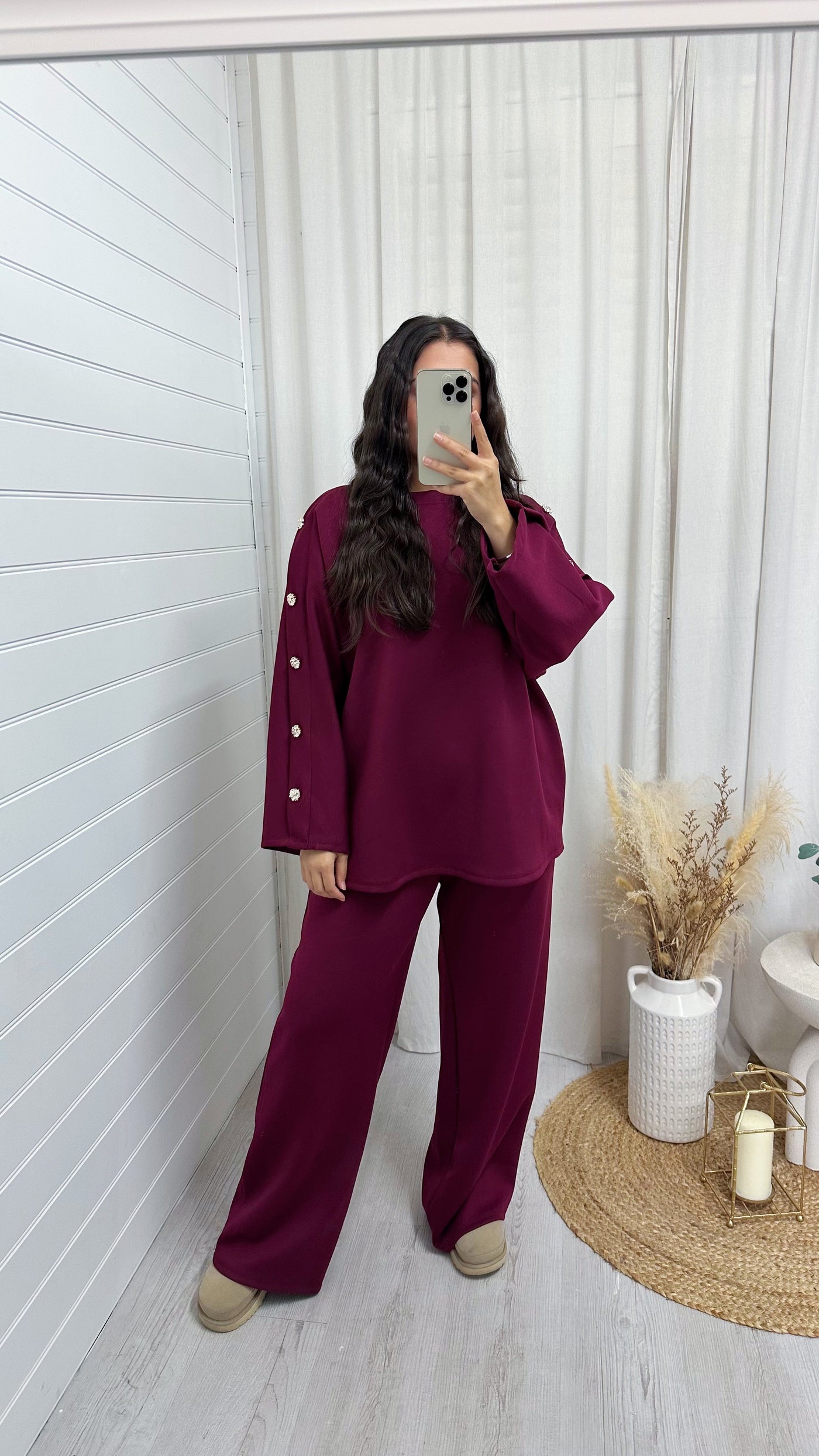 Long Sleeve Gold Button Detail Top and Trousers Co-Ord - WINE