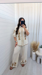 Embroidered Linen Shirt and Trousers Co-Ord - BEIGE