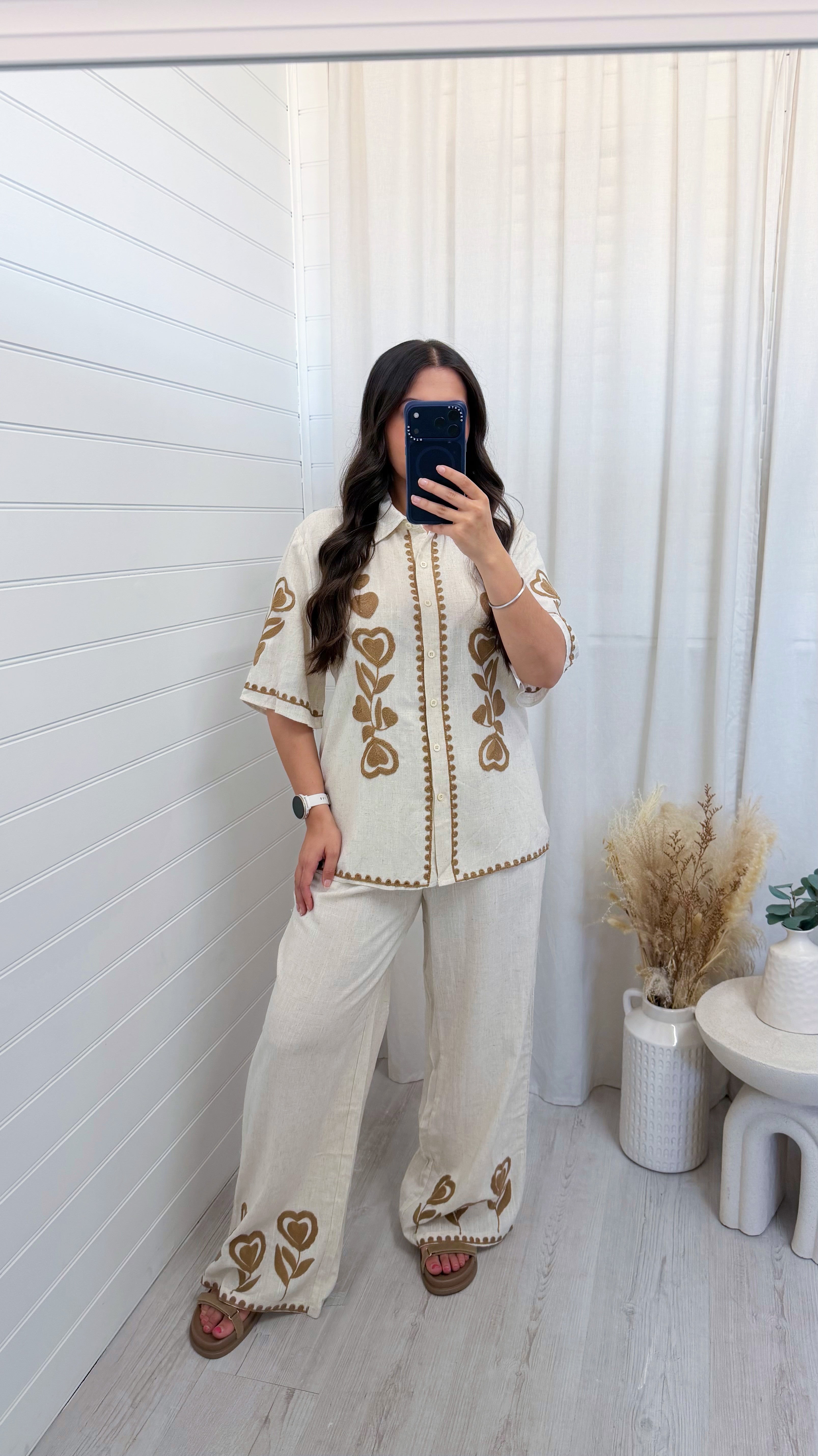 Embroidered Linen Shirt and Trousers Co-Ord - BEIGE