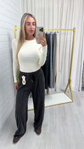 Textured Wide Leg Trousers - BROWN