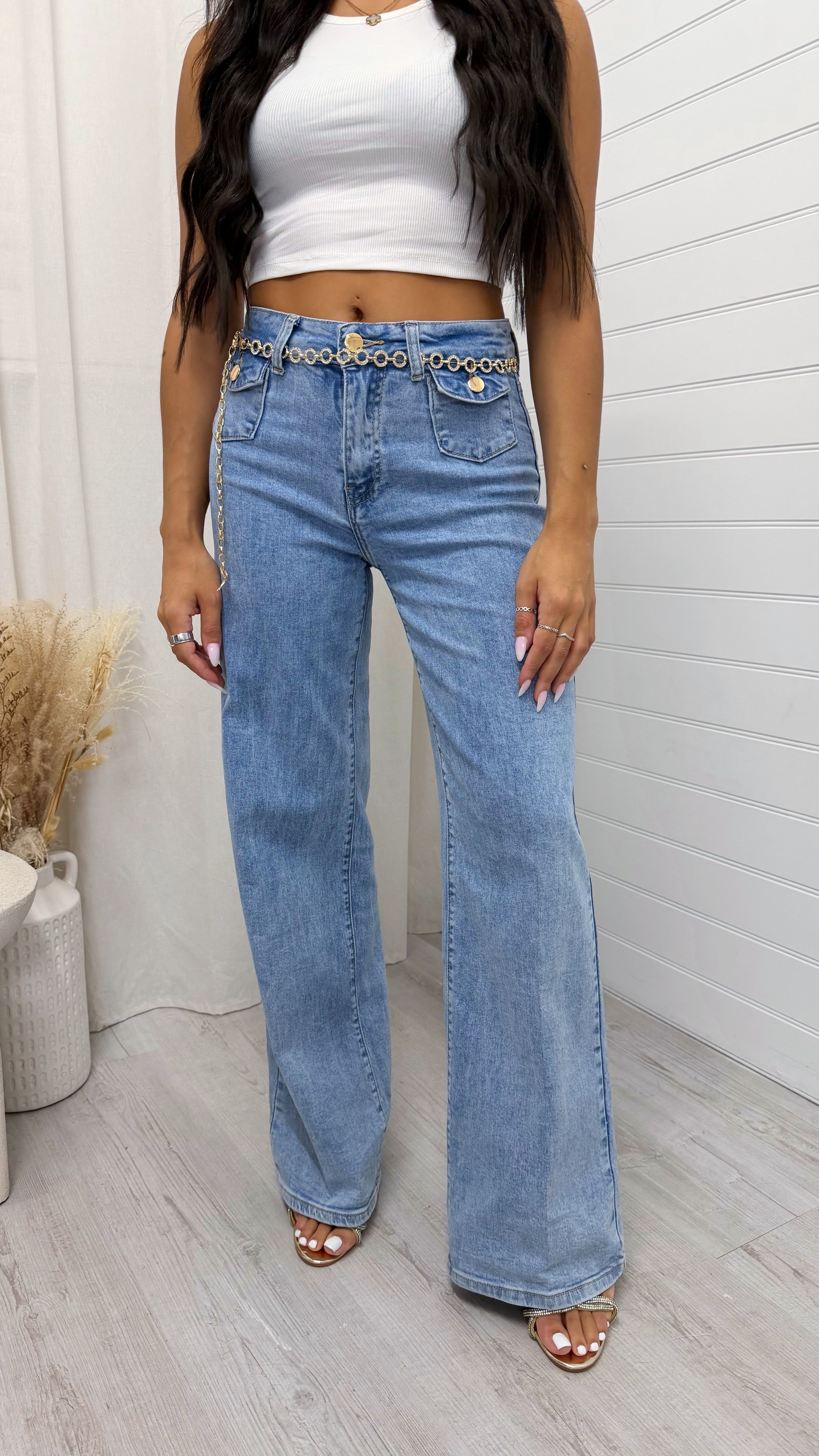 Gold Chain Front Pocket Straight Leg Jeans