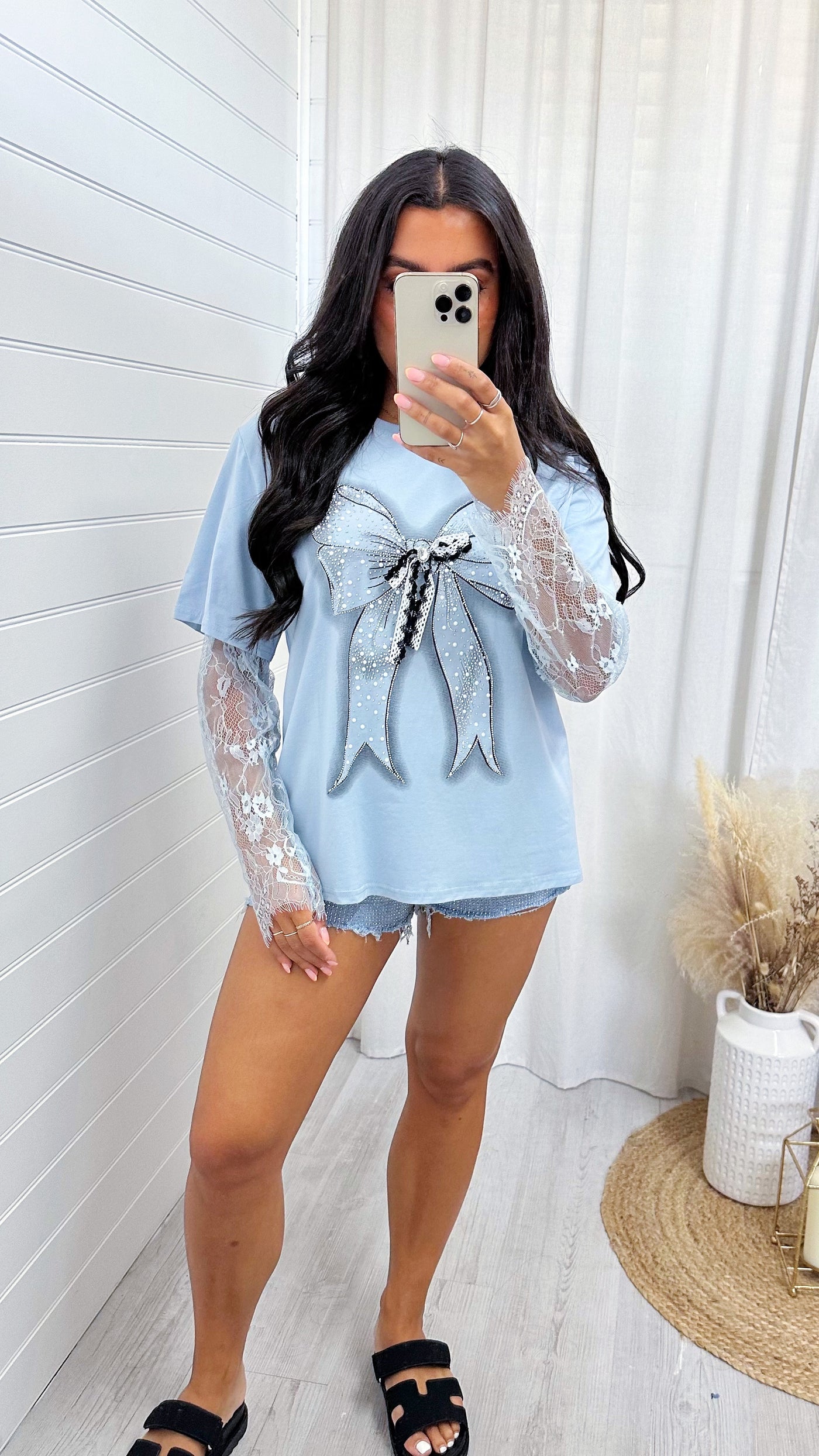 Lace Sleeve Rhinestone Bow T-Shirt - BLUE
