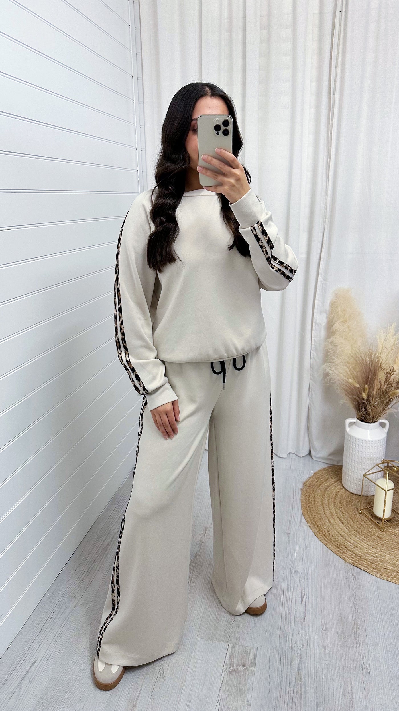 Leopard Trim Sweatshirt and Joggers Co-Ord - CREAM