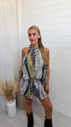 Rope Collar Reptile Print Playsuit - NAVY