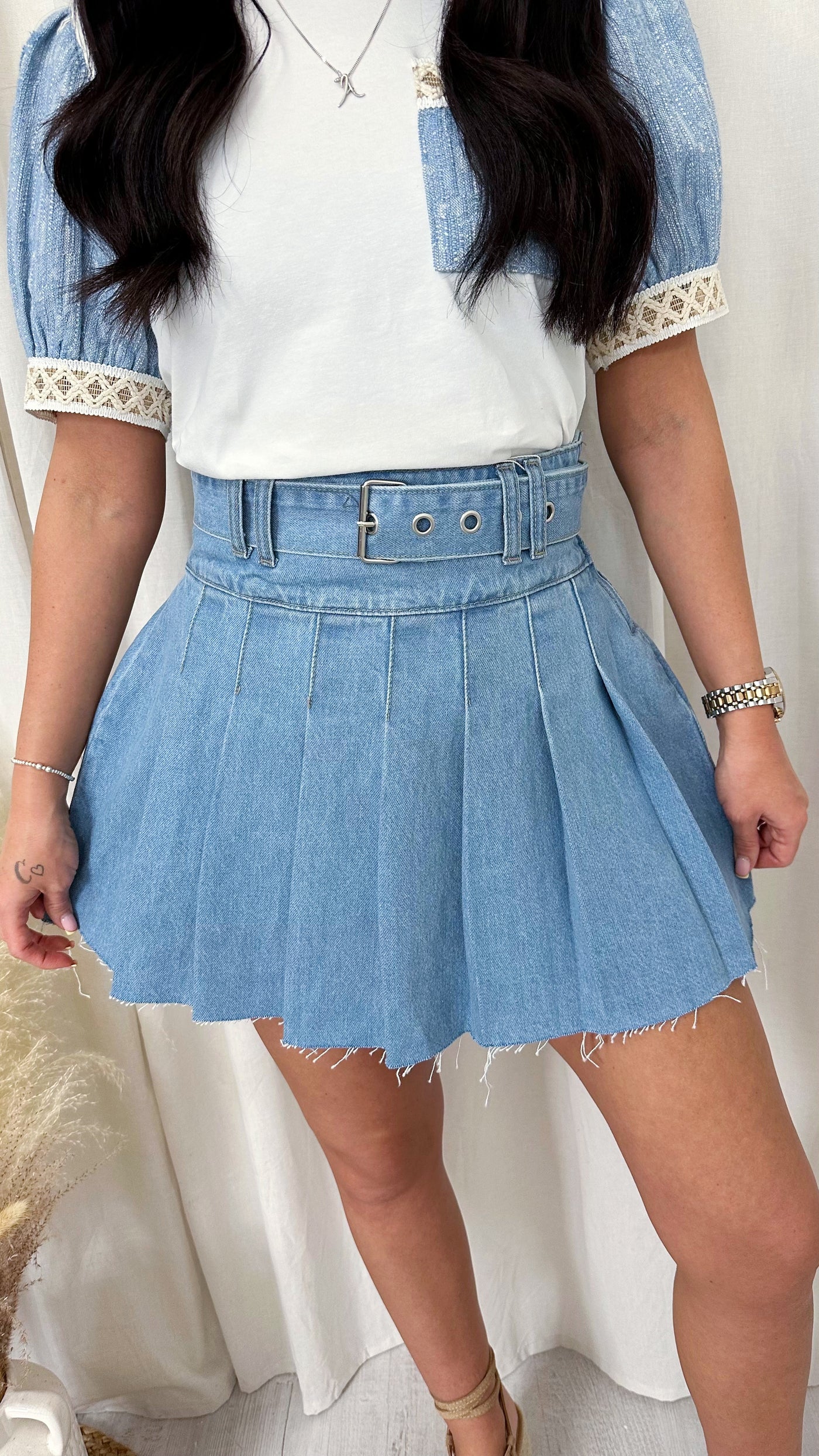 Pleated Denim Tennis Skirt - LIGHT DENIM