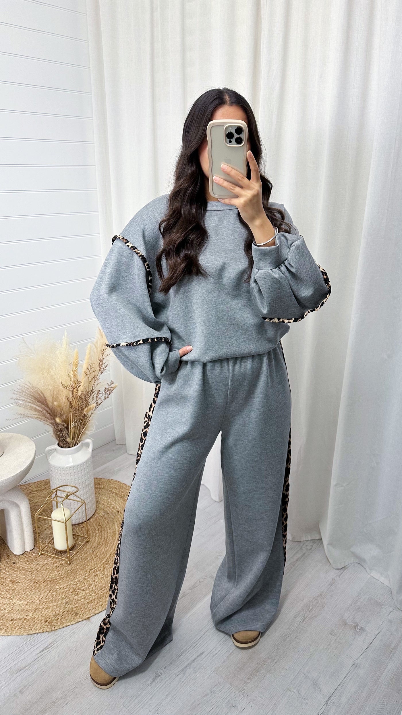 Balloon Sleeve Leopard Trim Sweatshirt and Wide Joggers Co-Ord - GREY