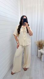 White Piped Shirt and Trousers Co-Ord - BEIGE
