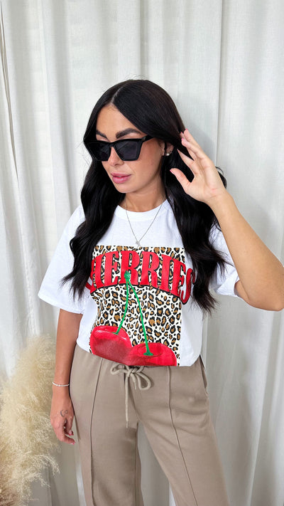 Leopard Print Cherries Oversized T-Shirt - WHITE