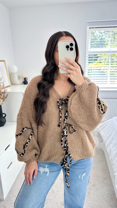 Leopard Bow Tie Cardigan - TAN