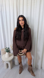 Crochet Knit Bardot Top and Shorts Co-Ord - BROWN