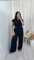 Gold Clasp Ruched Top and Wide Leg Trousers Co-Ord - NAVY