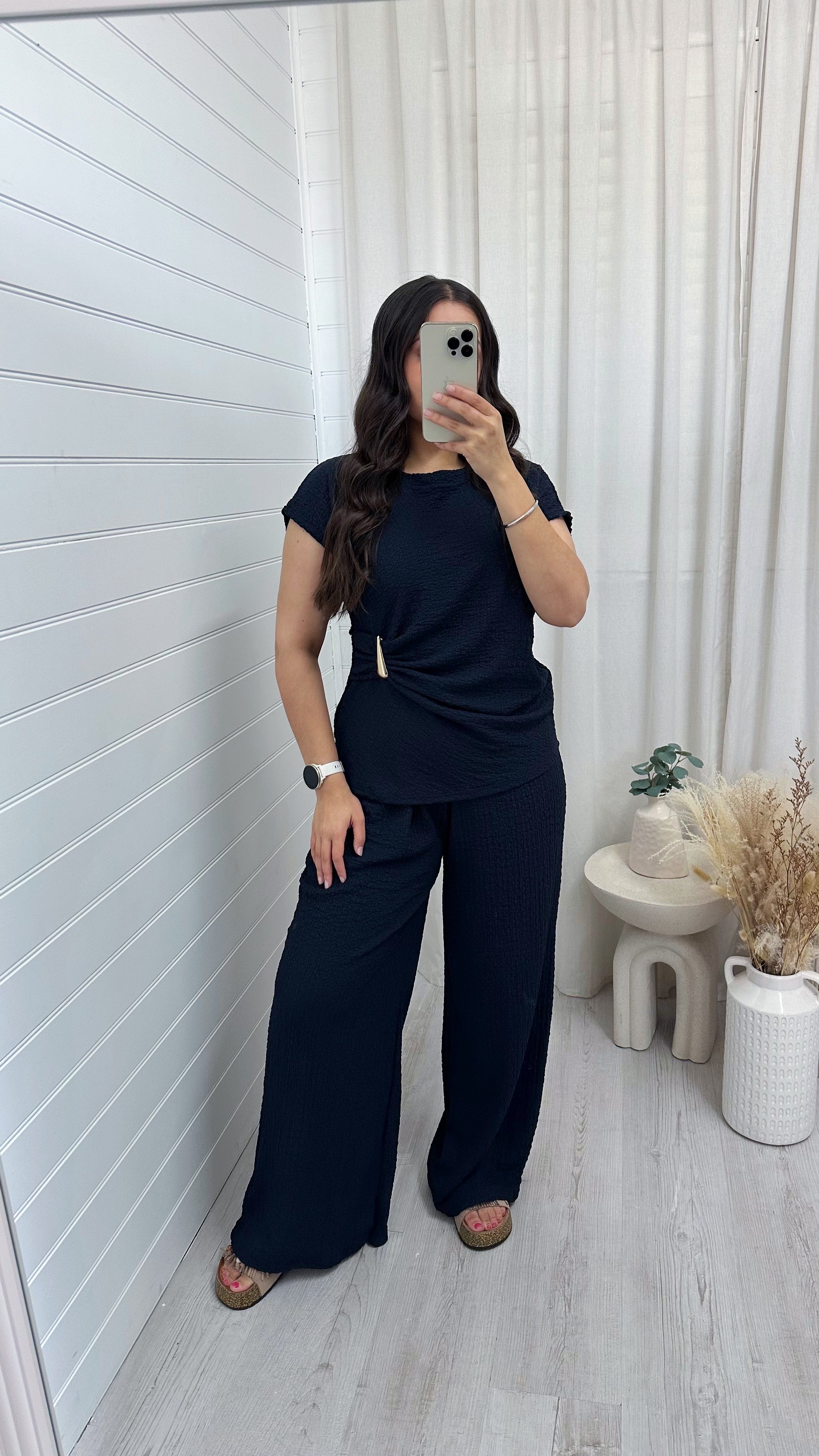 Gold Clasp Ruched Top and Wide Leg Trousers Co-Ord - NAVY