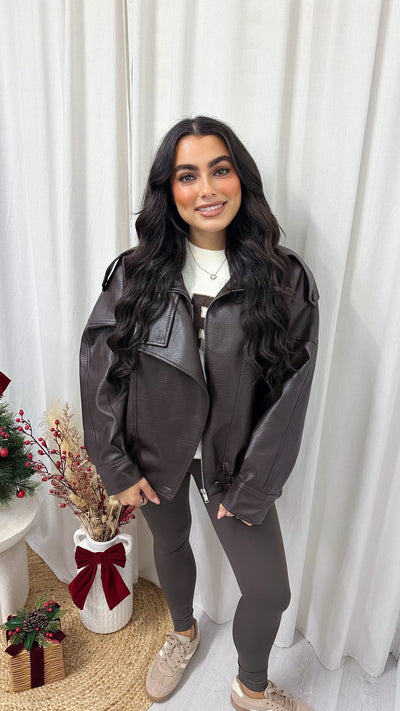 Relaxed Fit Lapel PU Leather Jacket - BROWN