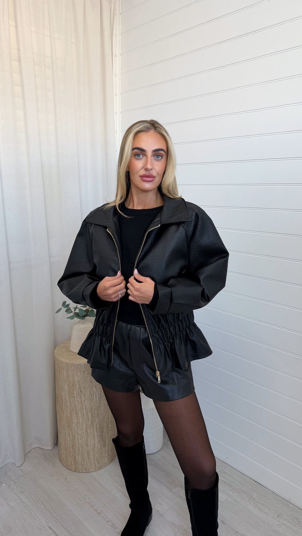 Cinch Waist Peplum Leather Jacket - BLACK