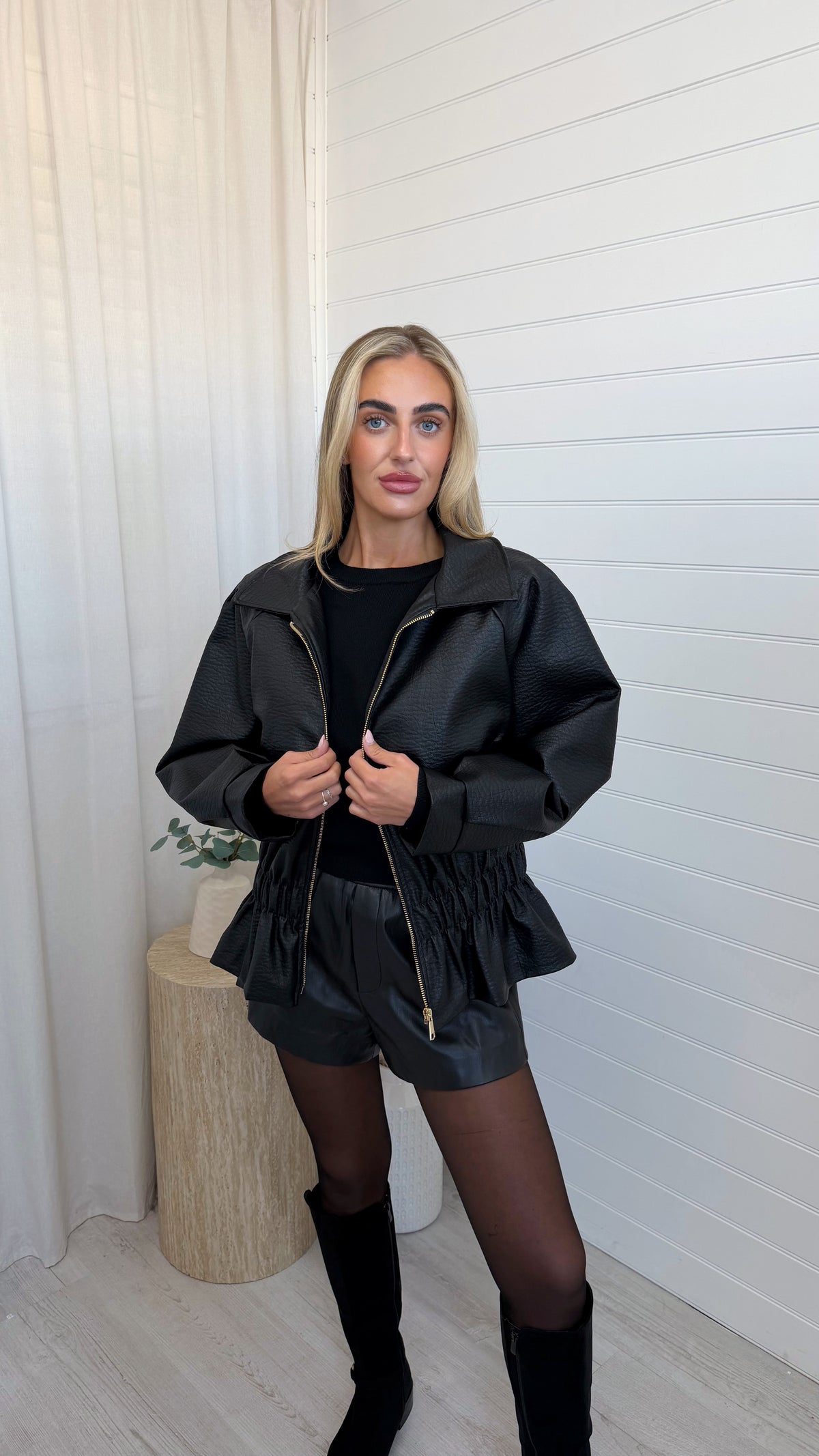Cinch Waist Peplum Leather Jacket - BLACK