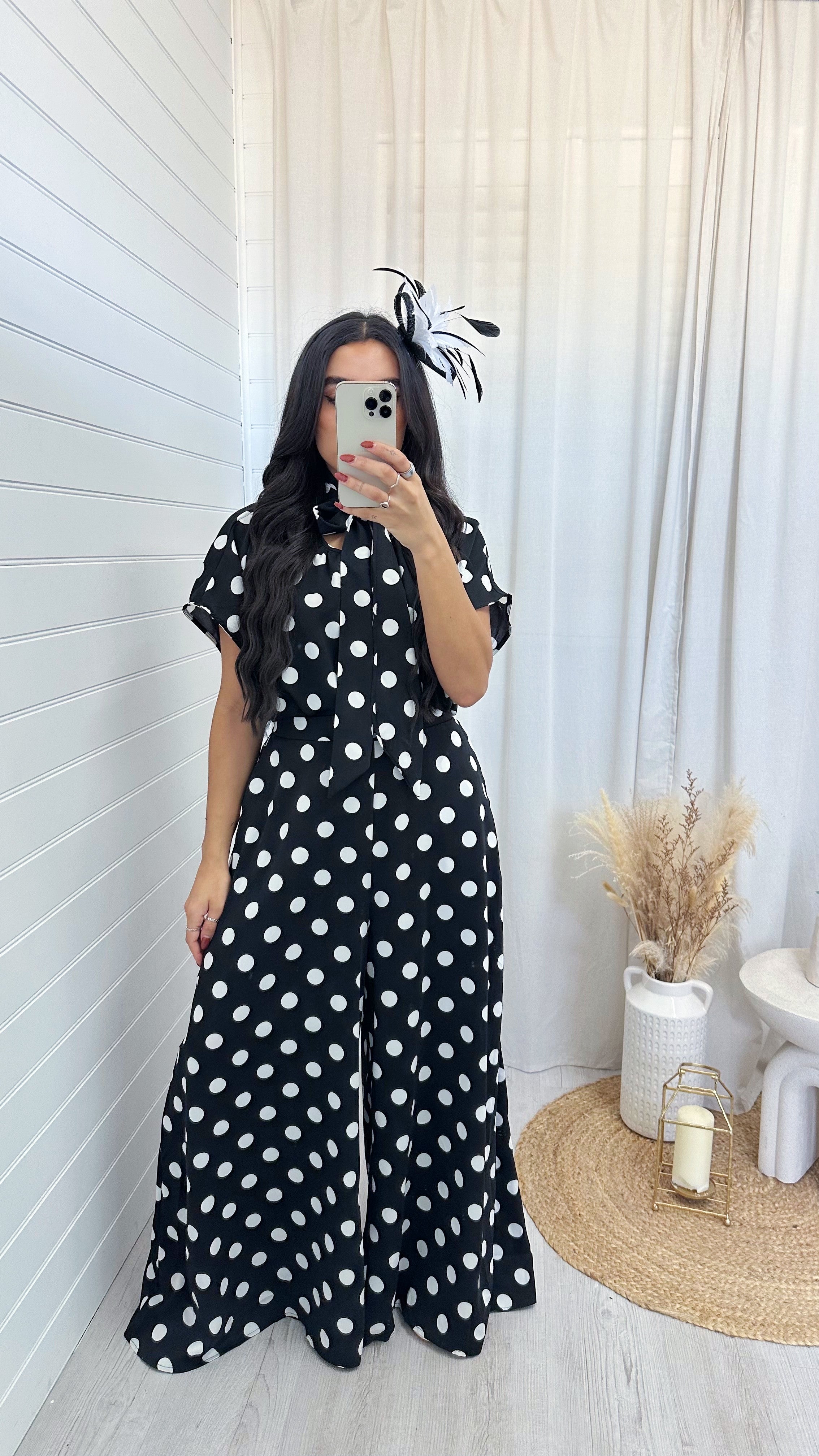 Polka Dot Bow Top and Wide Leg Trousers Co-Ord - BLACK/WHITE