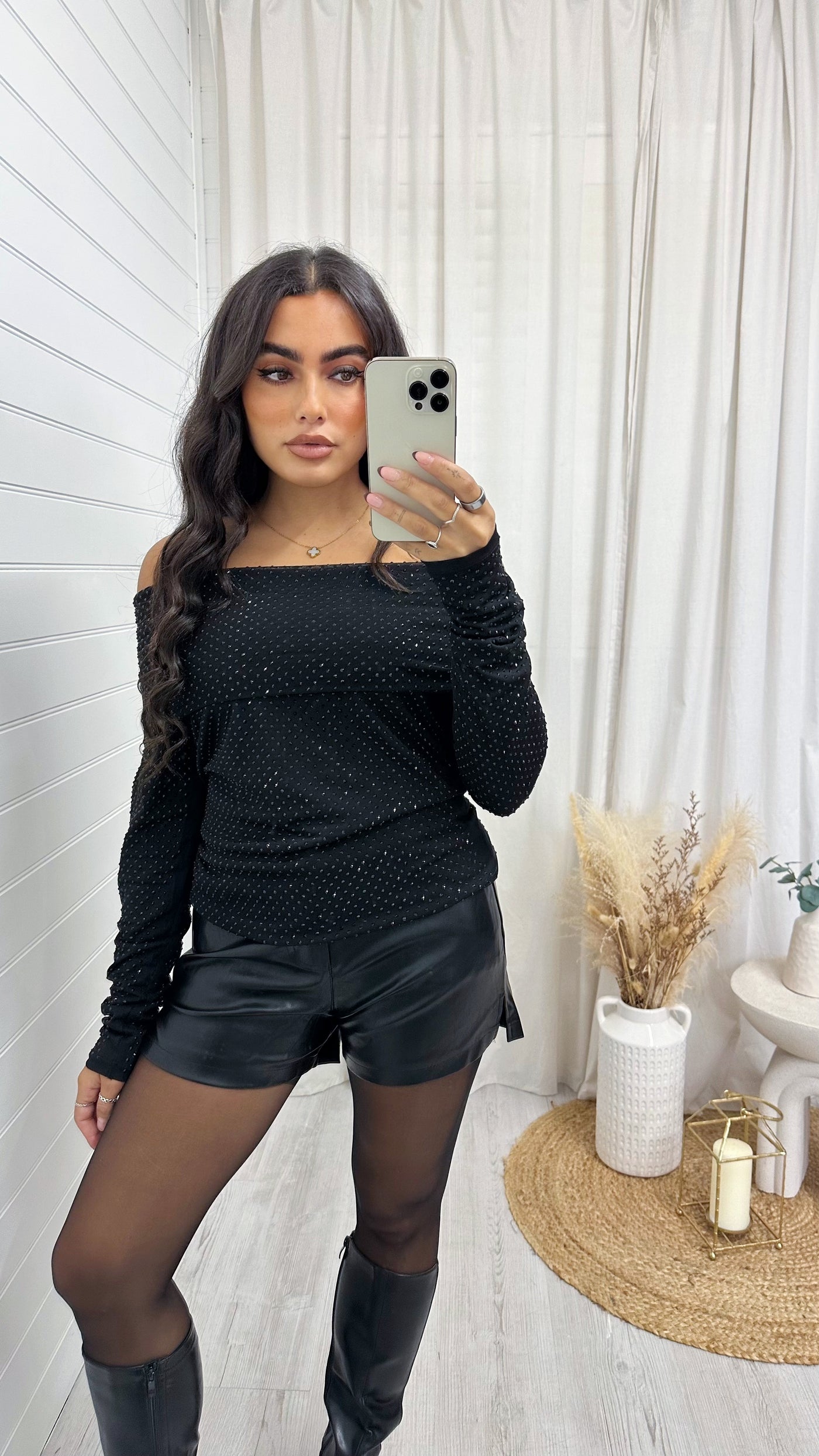 Folded Bardot Rhinestone Embellished Top - BLACK