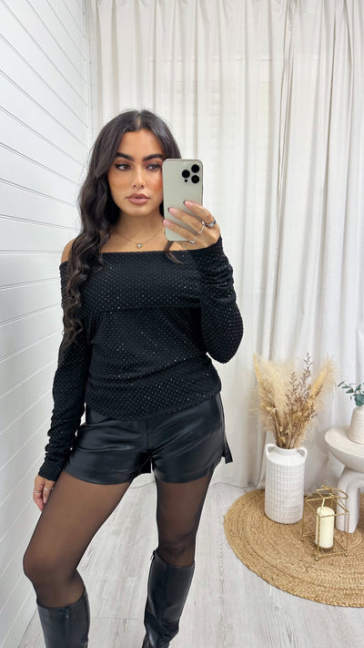 Folded Bardot Rhinestone Embellished Top - BLACK