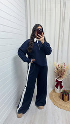 Contrast Collared Shirt and Wide Leg Joggers Co-Ord - NAVY