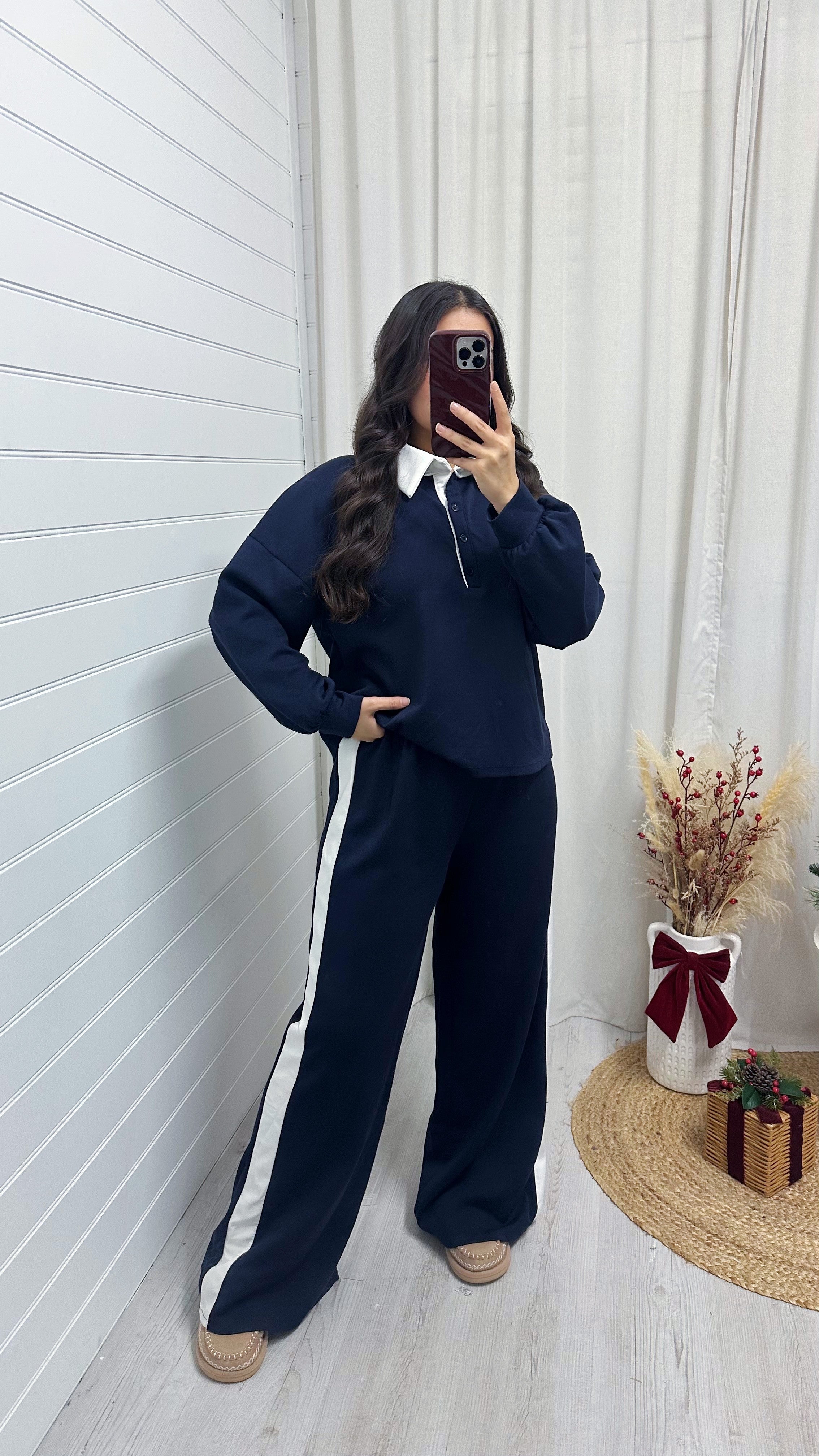 Contrast Collared Shirt and Wide Leg Joggers Co-Ord - NAVY
