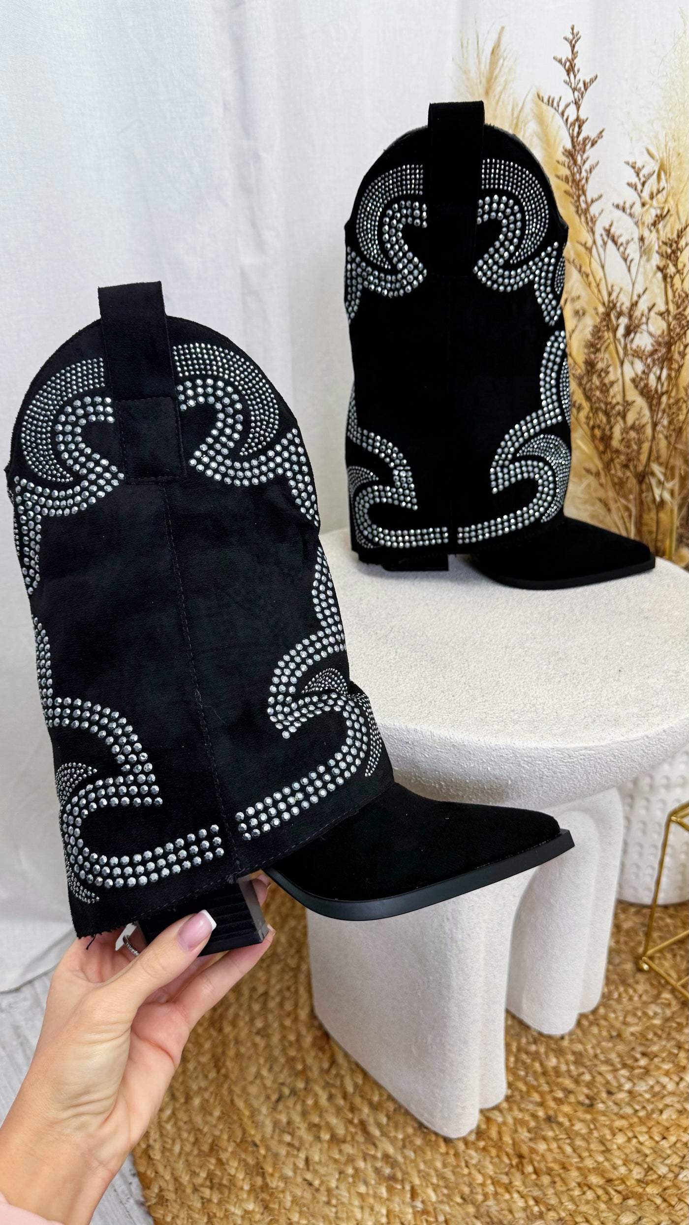 Fold Over Stud Cowboy Boots - BLACK