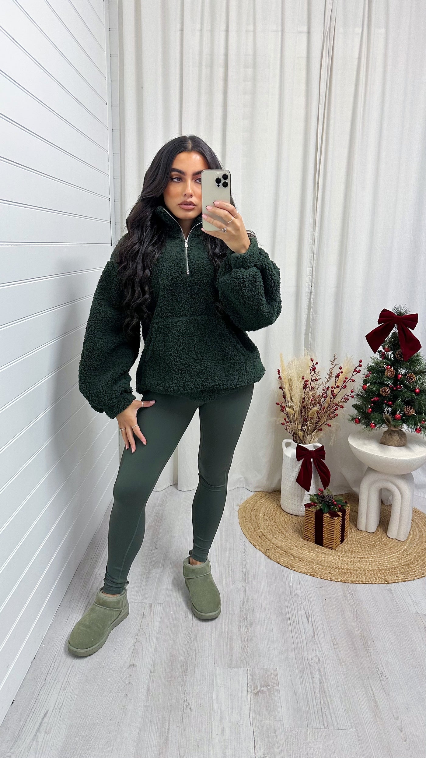 Teddy Fleece Quarter Zip Sweatshirt - PINE GREEN