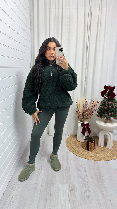 Teddy Fleece Quarter Zip Sweatshirt - PINE GREEN