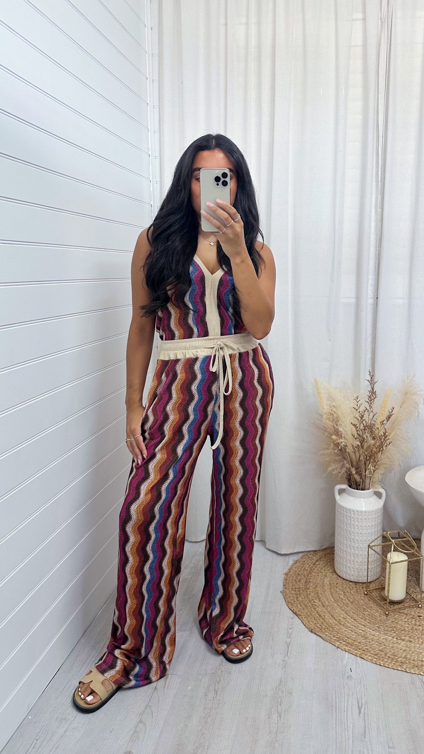 Zig Zag Strappy Vest Top and Wide Leg Trousers Co-Ord - PURPLE/BLUE