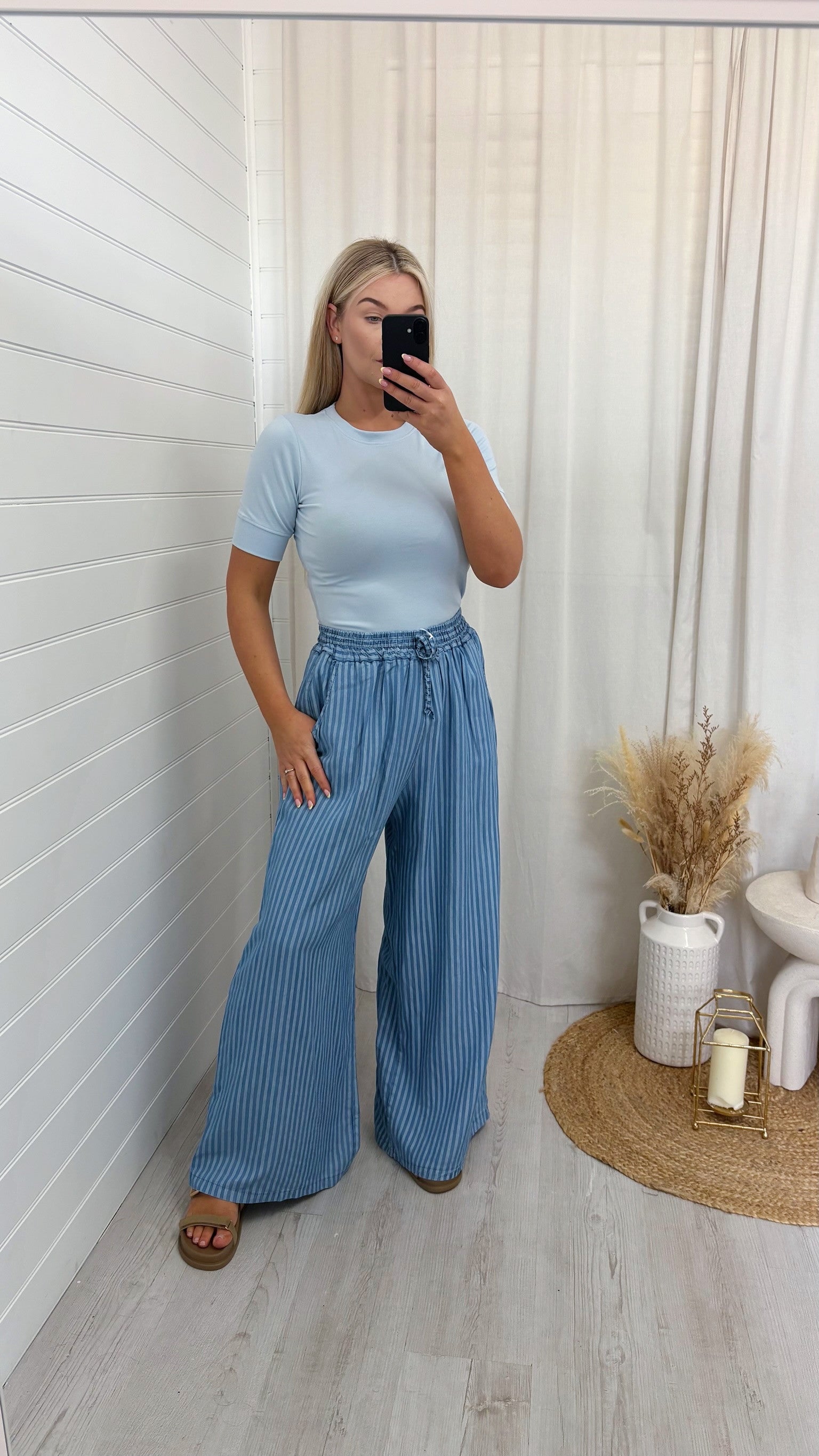 Pinstripe Wide Leg Trousers - DARK DENIM
