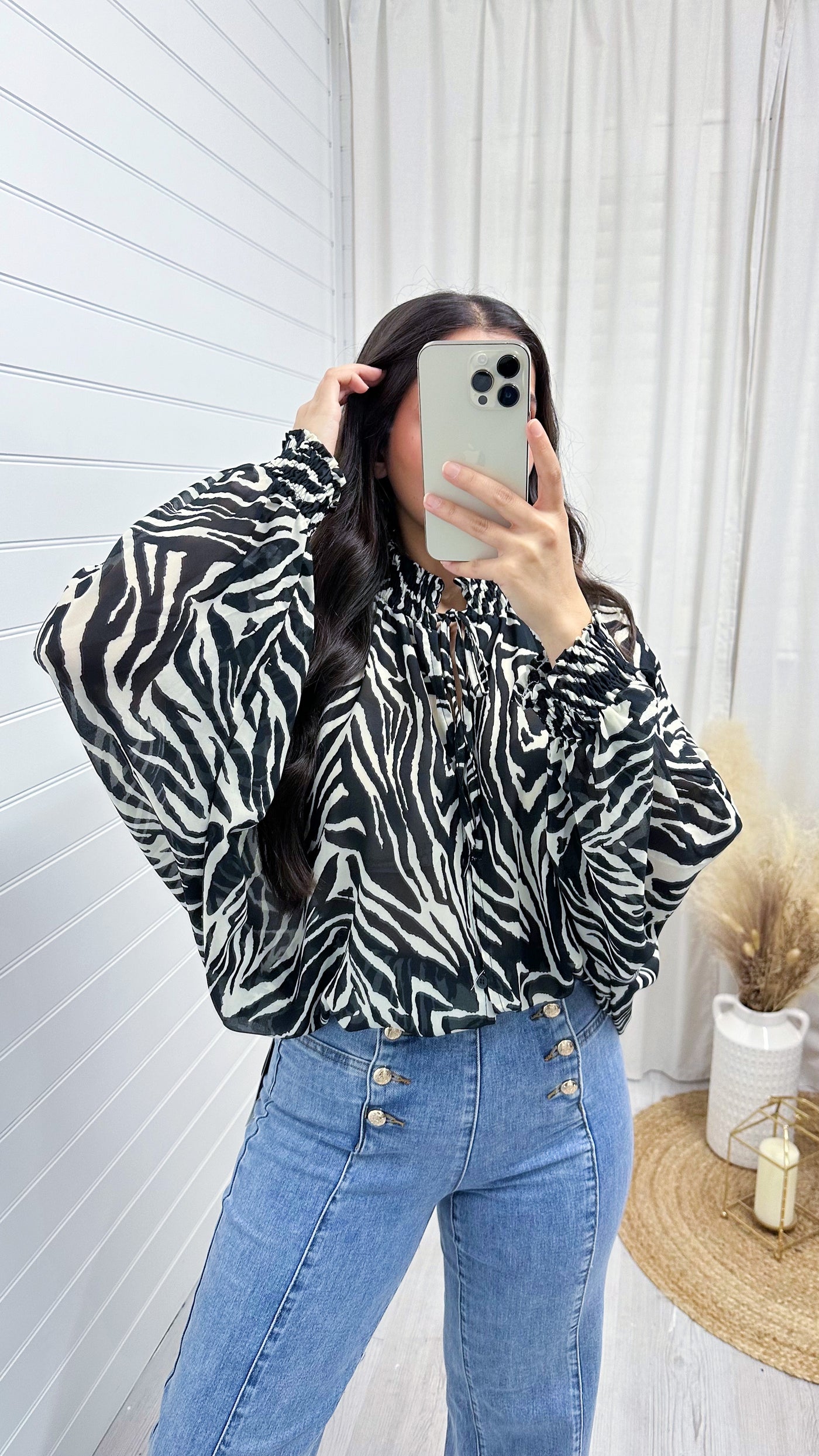 Shirred Collar Animal Print Balloon Sleeve Blouse - ZEBRA PRINT