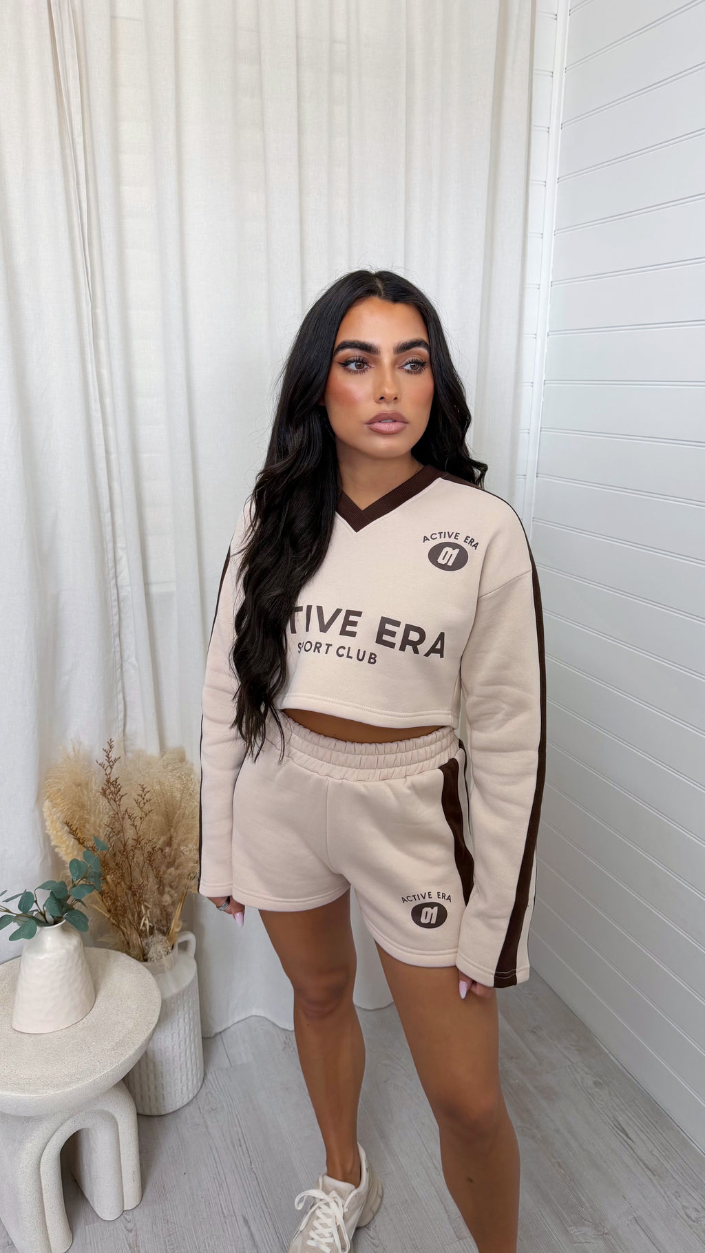 Racer Graphic Crop Sweatshirt and Shorts Co-Ord - BEIGE