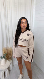 Racer Graphic Crop Sweatshirt and Shorts Co-Ord - BEIGE