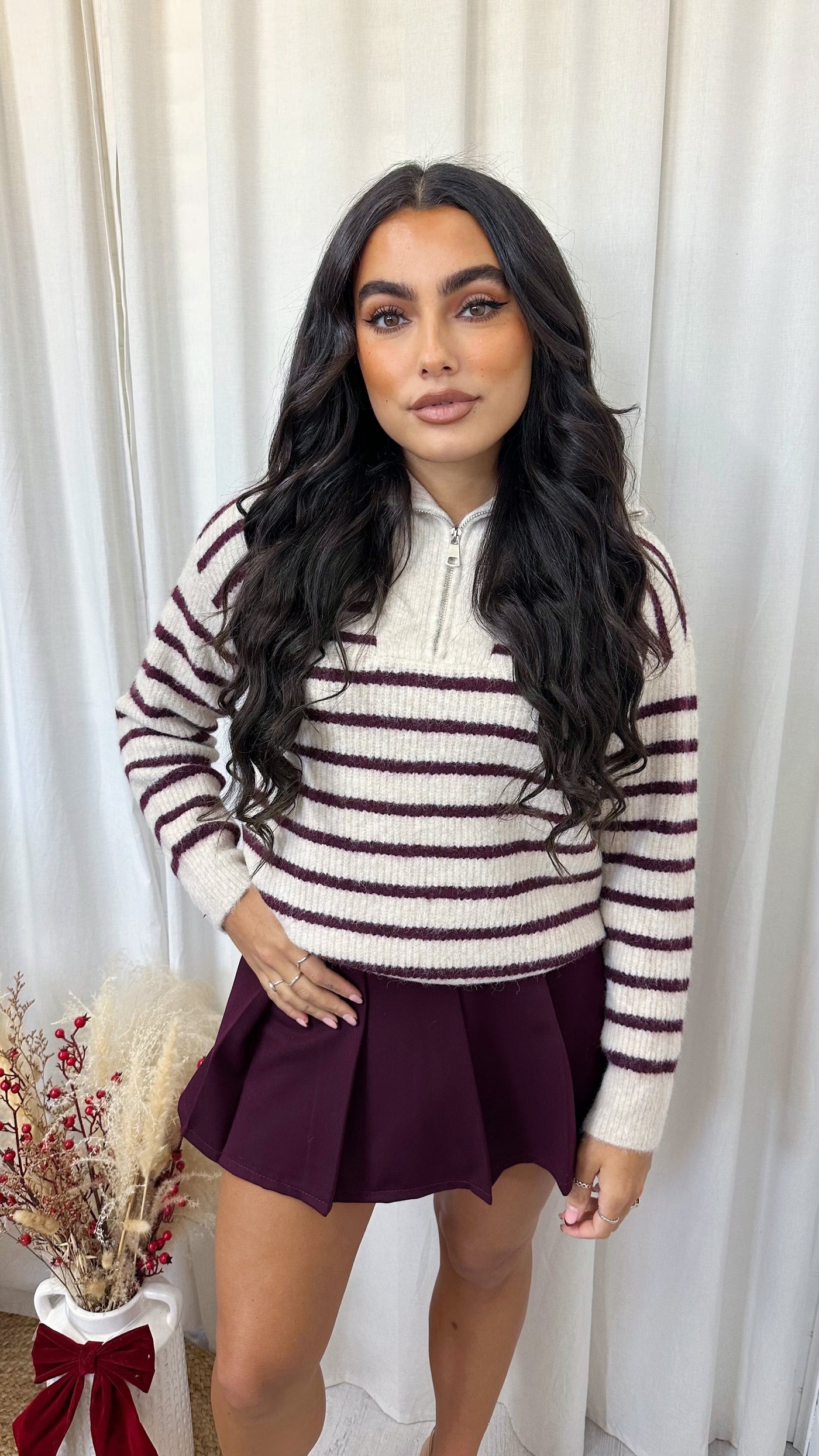 Half Zip Woollen Stripey Jumper - WINE/BEIGE