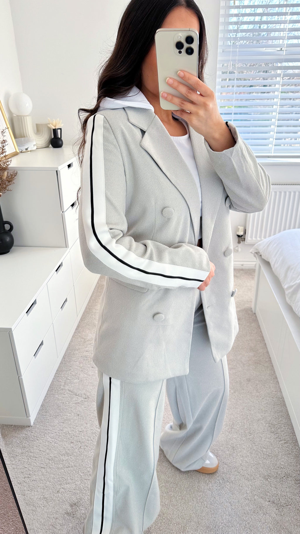 Side Stripe Tailored Tweed Blazer and Trousers Co-Ord - GREY