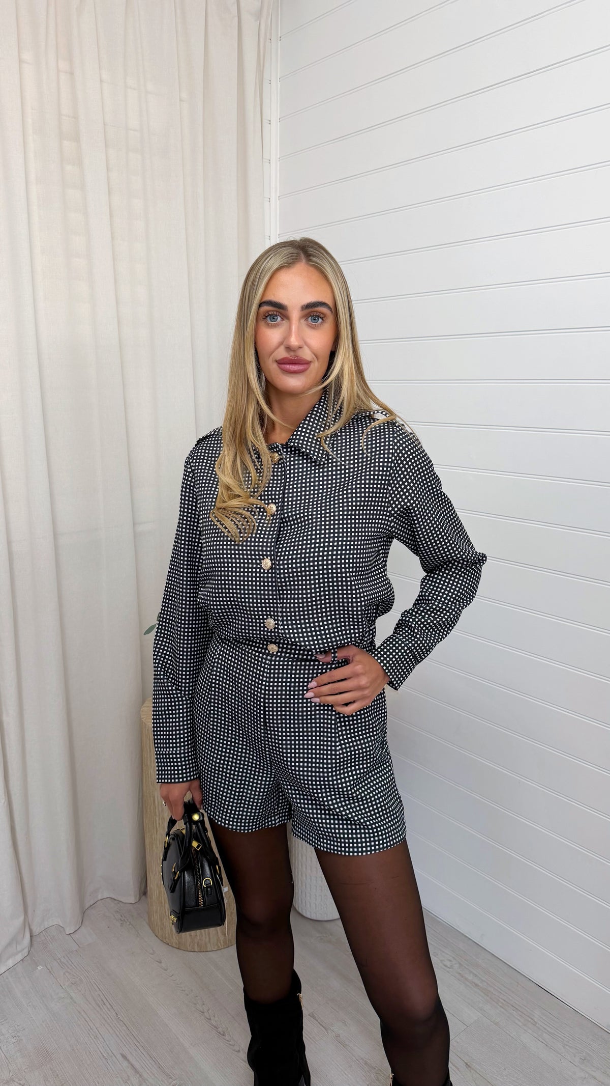 Gingham Crop Shirt and Shorts Co-Ord - BLACK
