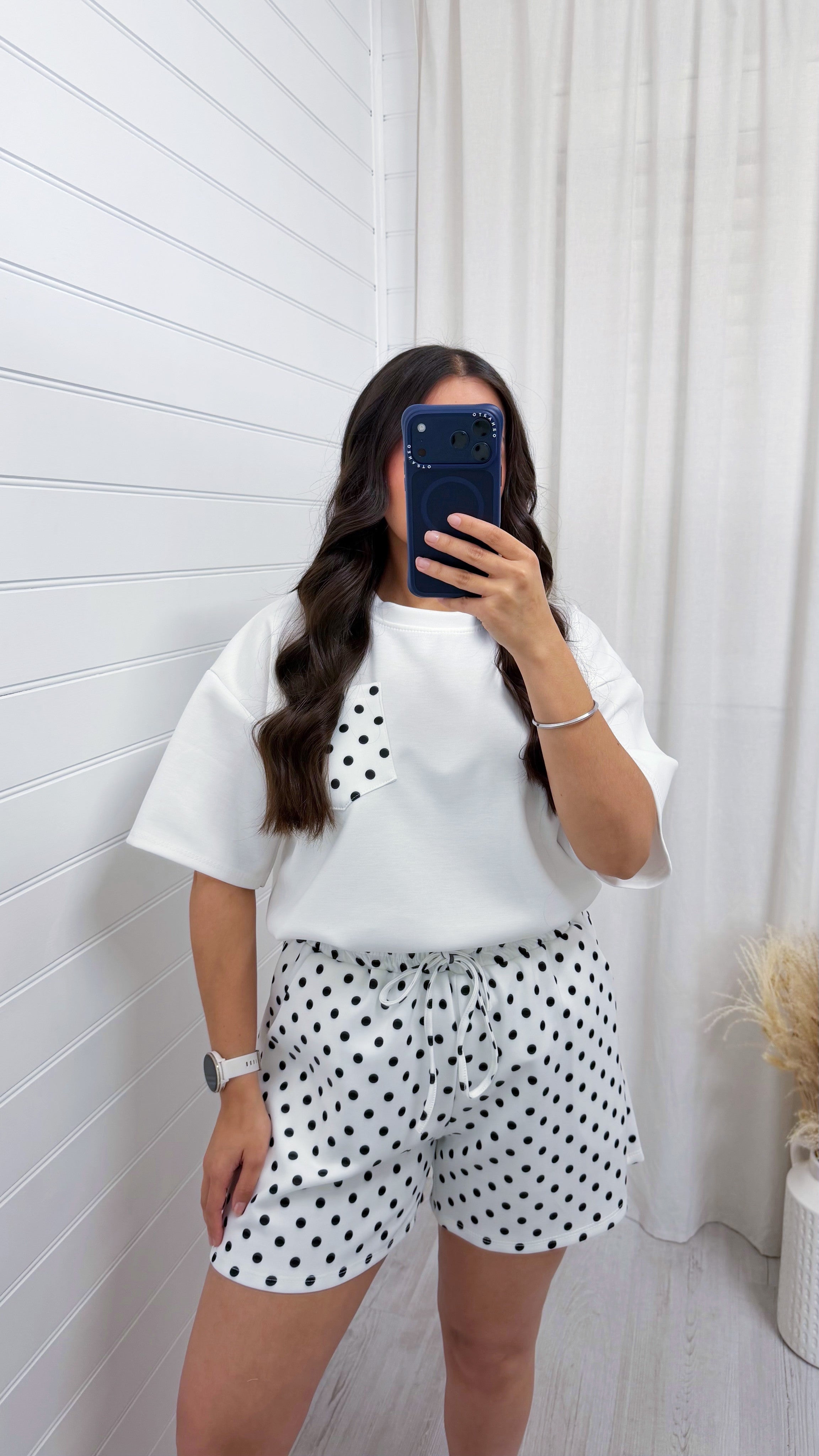 Polka Dot Baggy T-Shirt and Shorts Co-Ord - WHITE