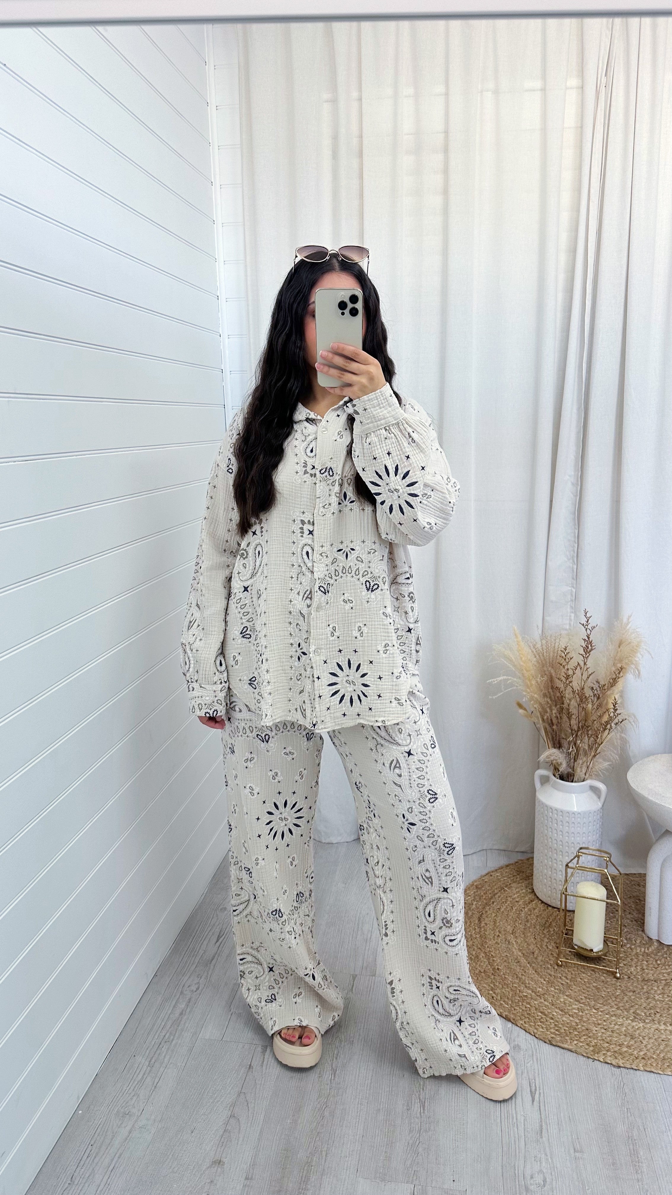 Paisley Cheesecloth Shirt and Trousers Co-Ord - BEIGE