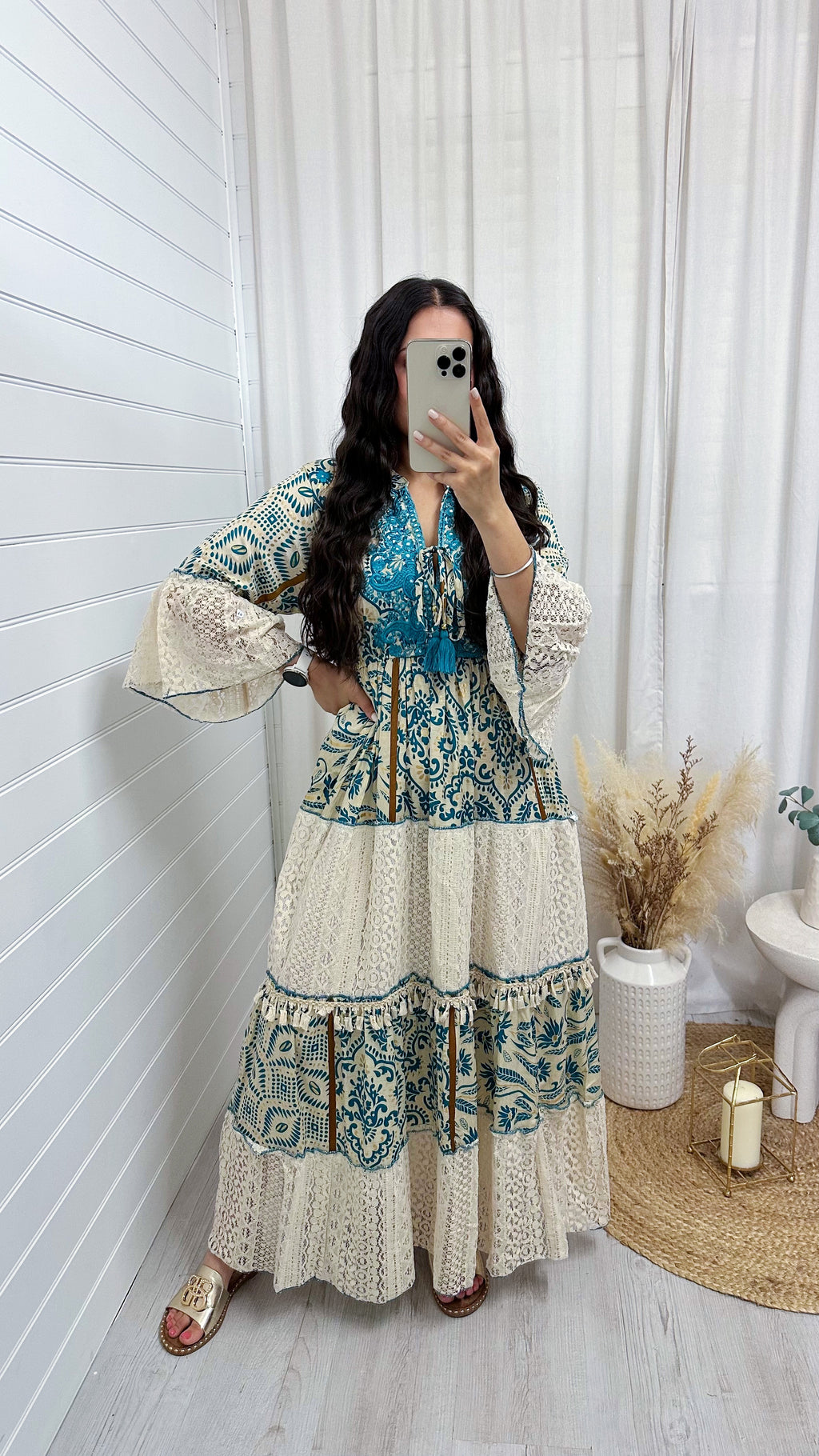 Lace Panel Damask Print Maxi Dress - TEAL