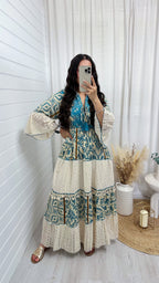 Lace Panel Damask Print Maxi Dress - TEAL