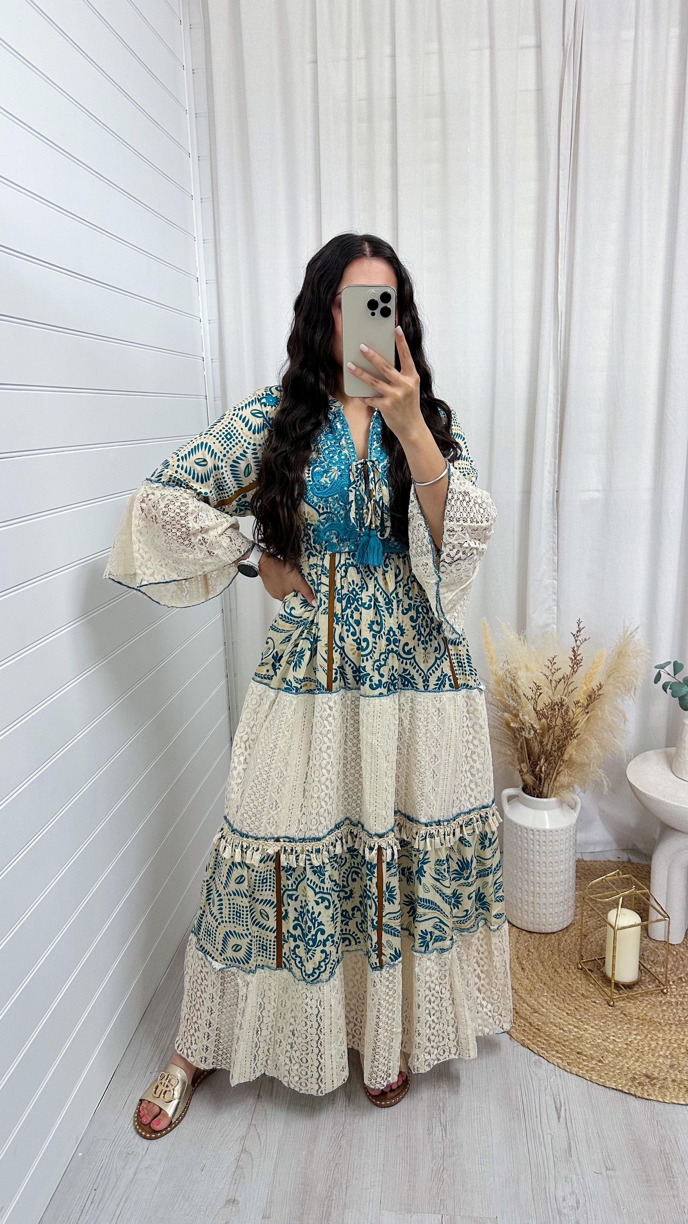 Lace Panel Damask Print Maxi Dress - TEAL