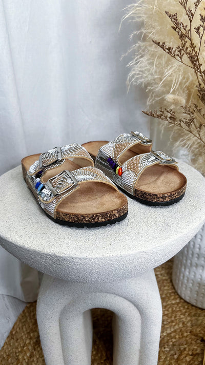 Boho Beaded Silver Buckle Sliders - BEIGE