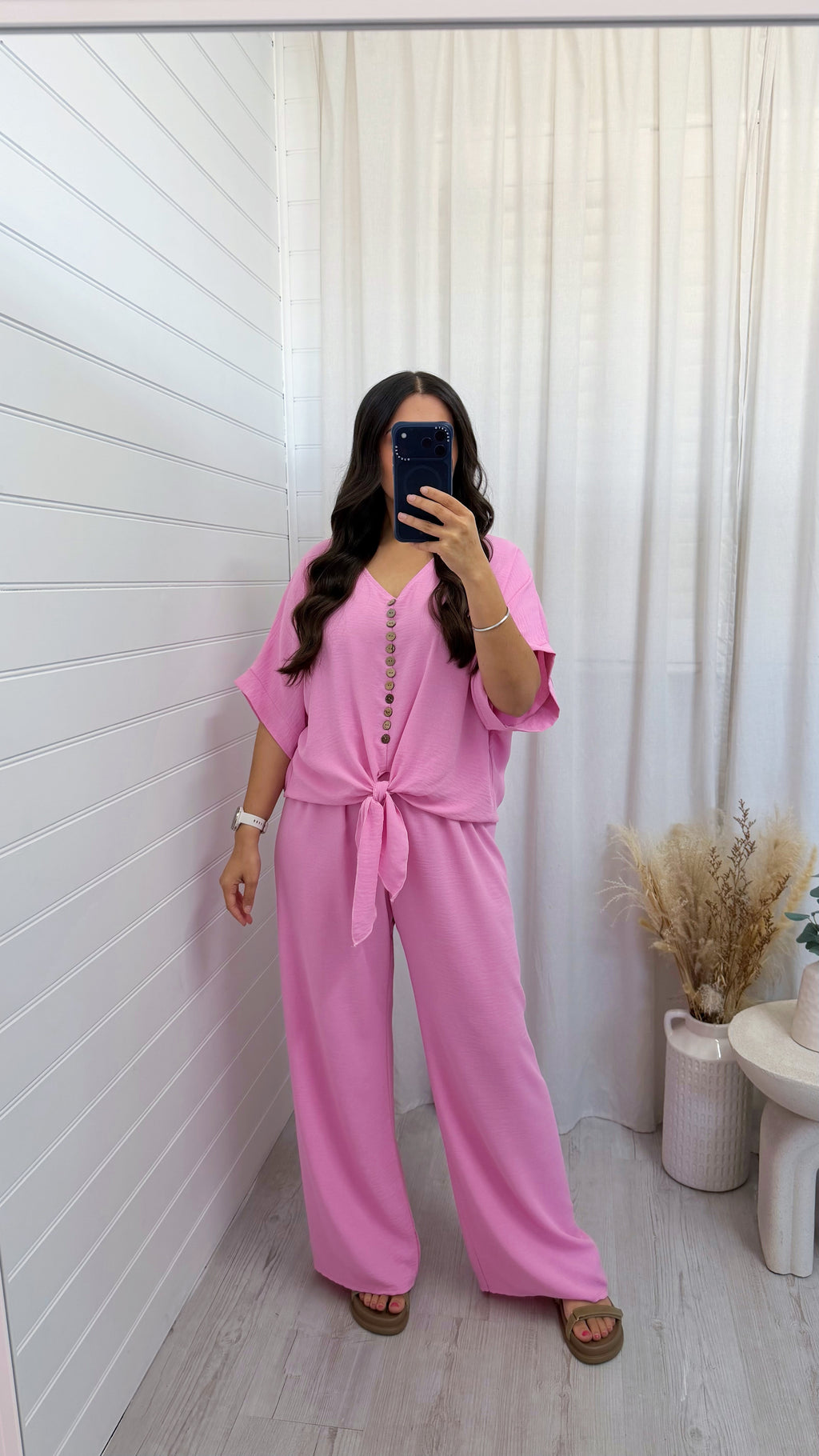 Tie Knot Button Top and Trousers Co-Ord - BABY PINK