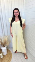 Pinstripe Linen Wide Leg Jumpsuit - LEMON